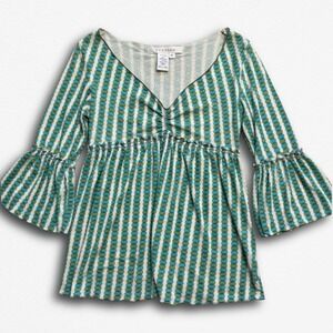 Studio M Y2K Green Teal Geometric Dot Empire Waist Bell Sleeve Top Medium